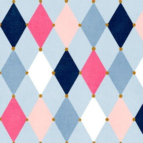 Wonderland Harlequin -pale peach - pink - gold - navy - dusty blue - white 10"