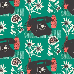 Mid-Century Phone and Flowers (Green and Red)