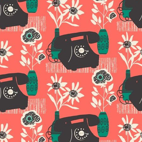 Mid-Century Phone and Flowers (Red and Green)