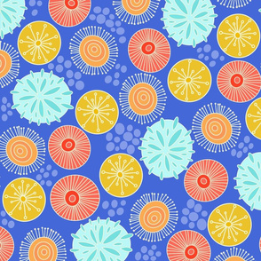 Retro geometric, bright colored shapes, circles and dots, funky fabric