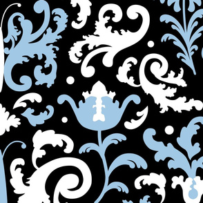 Rococo Butterflies in blue and white on black Large scale