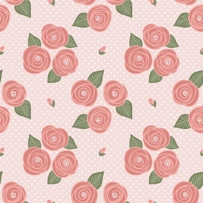 Shabby Chic Rose Blooms- Pink Dots