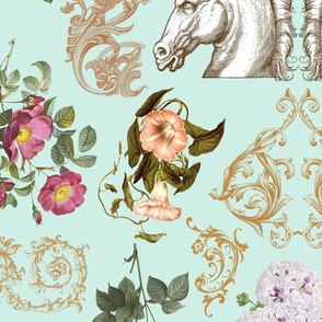 Rococo Horses and Flowers No.1 Turquoise - Large Version