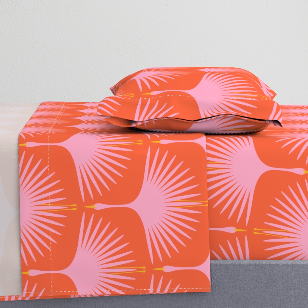 Art Deco Swans - Pink on Red/Orange - 12" Wide