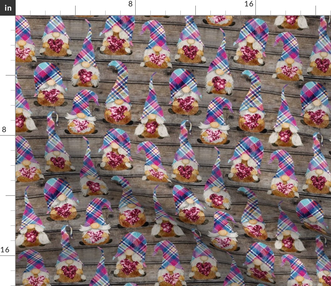 Rainbow Plaid Heart Gnomes on Barn wood - small scale