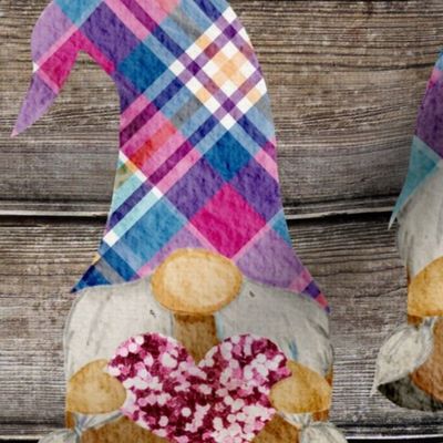 Rainbow Plaid Heart Gnomes on Barn wood - large scale