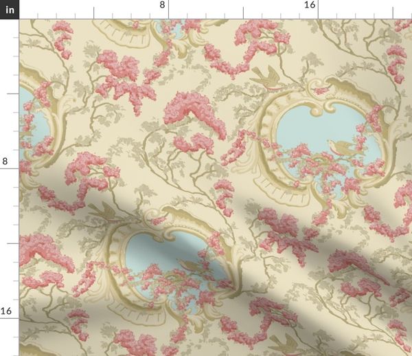 Birds In Cherry Trees by margaret/_ann/_missman/_designs Rococo Parisian Cotton Sateen Tablecloth by Spoonflower Romantic Tablecloth