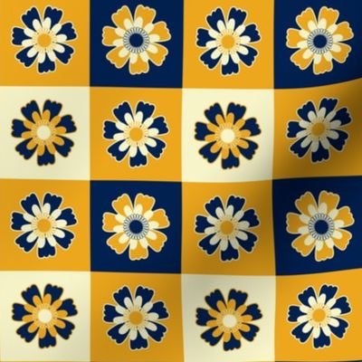 024 - Cottage garden - daisy gingham grid in navy blue, mustard and cream, large scale for vintage inspired bed linen, summer kids apparel, kitchen wallpaper, suitable for kids apparel, sweet little dresses, cotton PJ’s,  and great for crafting, patchwork