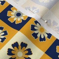 024 - Cottage garden - daisy gingham grid in navy blue, mustard and cream, large scale for vintage inspired bed linen, summer kids apparel, kitchen wallpaper, suitable for kids apparel, sweet little dresses, cotton PJ’s,  and great for crafting, patchwork