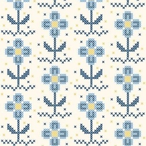 $ Cottage garden faux cross stitch floral pattern on blues and yellow - suitable for kids apparel, sweet little dresses, cotton PJ’s, feminine pattern, non-directional and great for crafting, patchwork and quilting