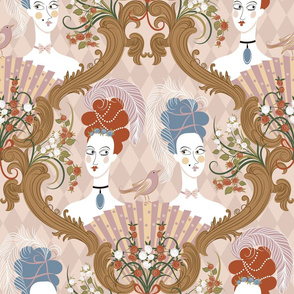 Damask rococo pattern with two girls_ a bird_ roses and style elements. Comic illustration