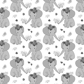 Baby Elephant Love (Floral) - greyscale on white, medium 