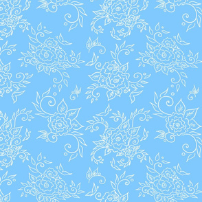 Bohemian Rose Mood - Whimsical Flower Ornament - Brightly Sky Blue White Line Art - Middle