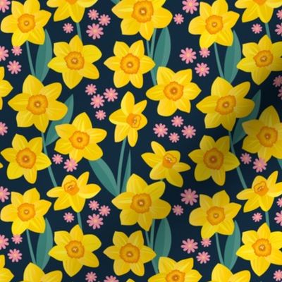 Spring daffodil and daisy garden flowers sweet colorful daffodils blossom boho nursery yellow orange pink teal navy blue