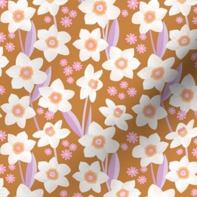 Spring daffodil and daisy garden flowers sweet colorful daffodils blossom boho nursery cinnamon lilac pink white