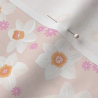 Daffodils and daisies romantic blossom boho garden summer spring nursery design girls white pink blush cream orange