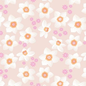 Daffodils and daisies romantic blossom boho garden summer spring nursery design girls white pink blush cream orange