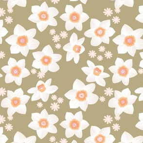 Daffodils and daisies romantic blossom boho garden summer spring nursery design girls white olive green orange