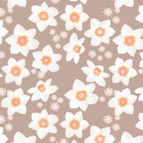 Daffodils and daisies romantic blossom boho garden summer spring nursery design girls white mauve beige orange latte