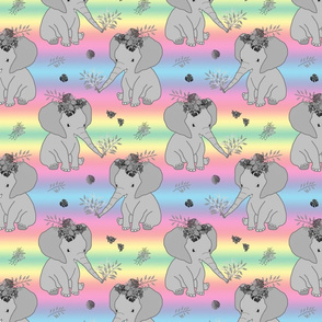 Baby Elephant Love (Floral) - Greyscale on rainbow, medium 