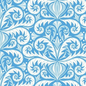 Fern Unfurling Rococo XL wallpaper scale in wedgewood blue