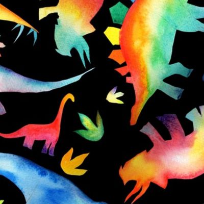 Watercolour Rainbow Dinosaurs -  non directional - large scale - on black