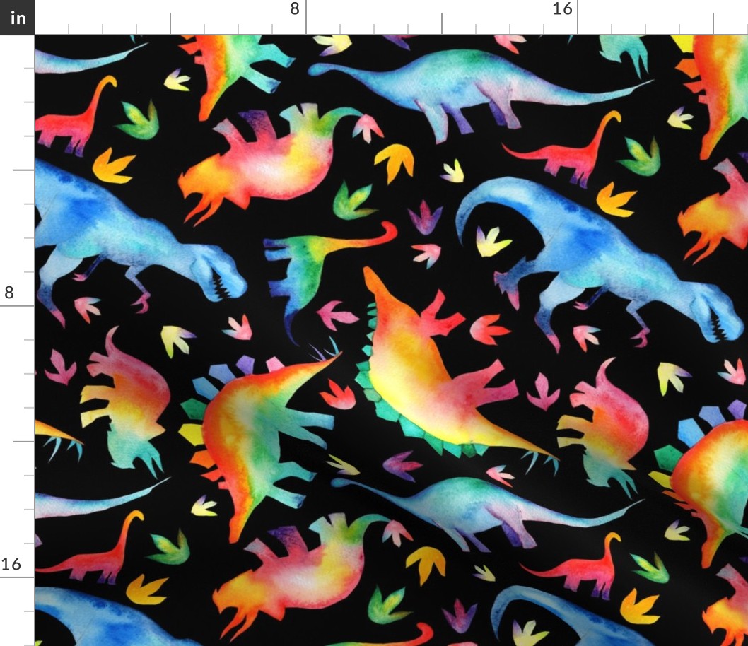 Watercolour Rainbow Dinosaurs -  non directional - large scale - on black