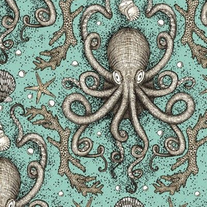 Octopus Parchment Damask in Sea Foam Aqua 