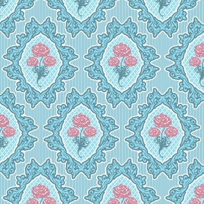 Vintage French Rococo roses pink blue