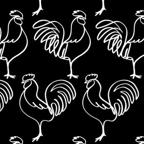 Chicken Coop! Roosters in White Ink on Black (larger print)