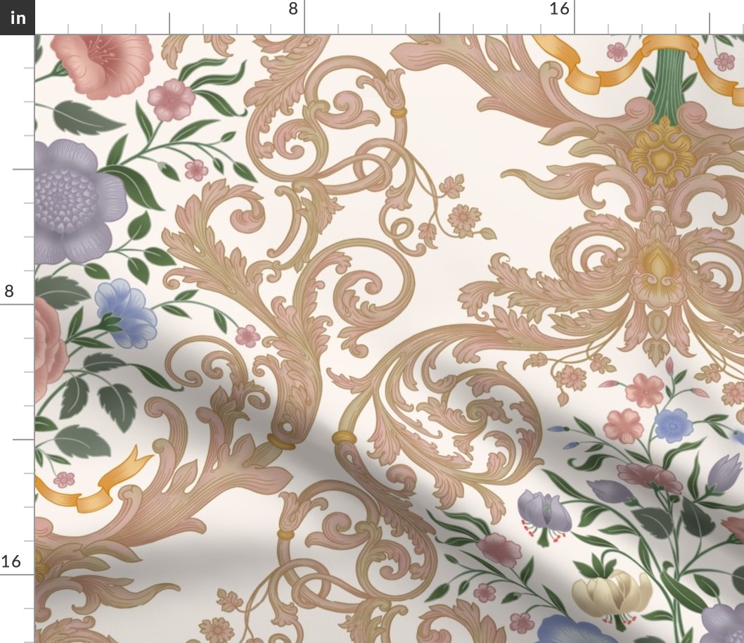 L // Ornamental Rococo pattern on ecru base