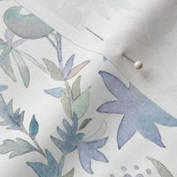 Forest Garden Watercolor Fabric (medium scale) | Forest birds, blue floral fabric, blue bird print fabric from original watercolor painting.