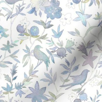 Forest Garden Watercolor Fabric (medium scale) | Forest birds, blue floral fabric, blue bird print fabric from original watercolor painting.