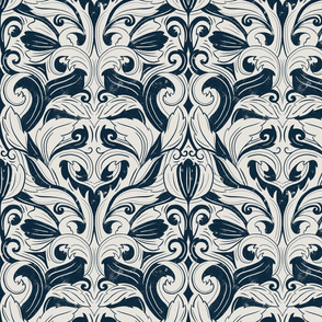 Rococo Inspired Textured Damask - blue and tan cream - medium scale