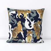 Love the wild fishing cat // normal scale // navy blue background with rococo inspiration green vegetation golden spotted animals