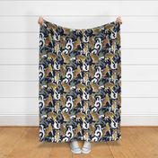 Love the wild fishing cat // normal scale // navy blue background with rococo inspiration green vegetation golden spotted animals