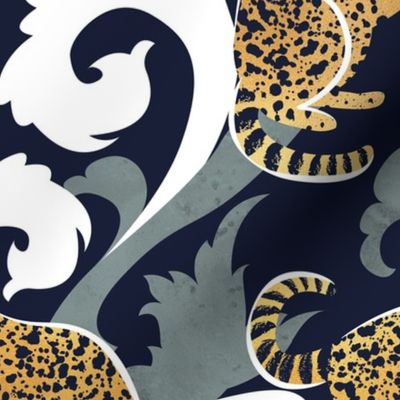 Love the wild fishing cat // normal scale // navy blue background with rococo inspiration green vegetation golden spotted animals