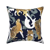 Love the wild fishing cat // normal scale // navy blue background with rococo inspiration green vegetation golden spotted animals