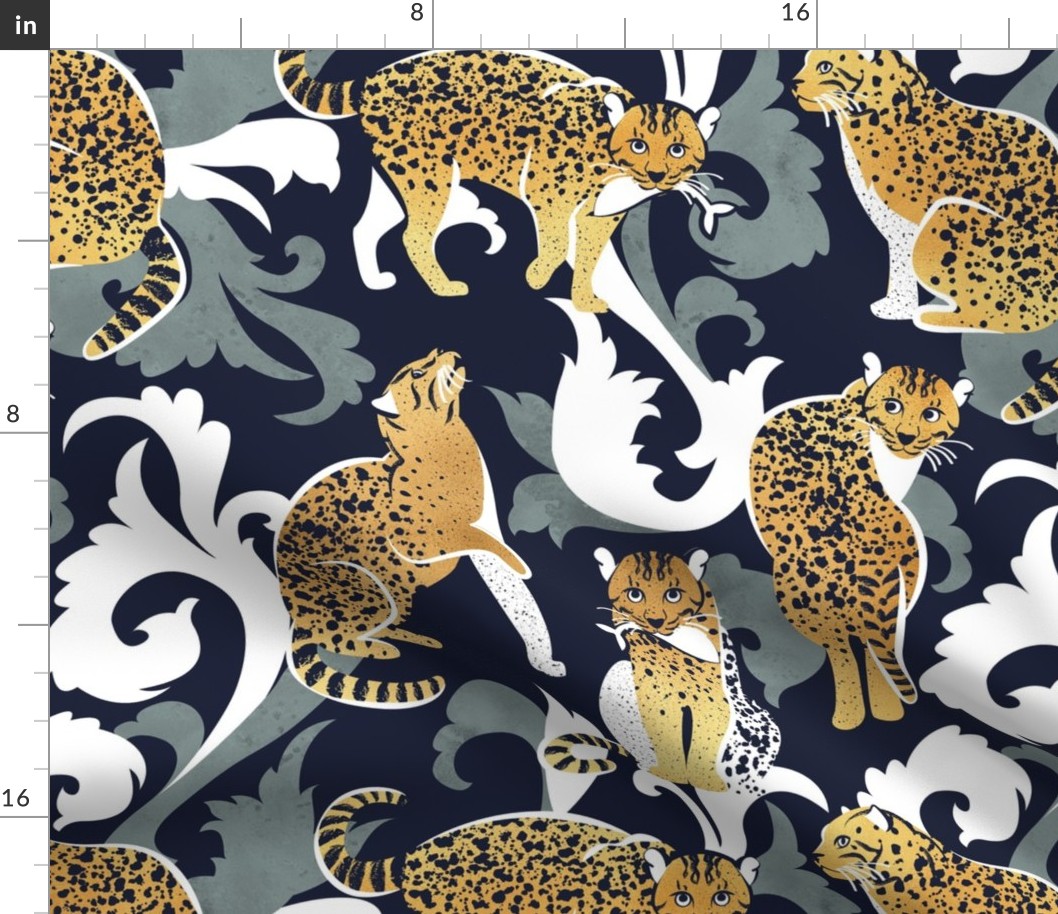 Love the wild fishing cat // normal scale // navy blue background with rococo inspiration green vegetation golden spotted animals