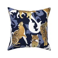Normal scale // Love the wild fishing cat // navy blue background with rococo inspiration blue vegetation golden spotted animals