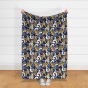 Normal scale // Love the wild fishing cat // navy blue background with rococo inspiration blue vegetation golden spotted animals