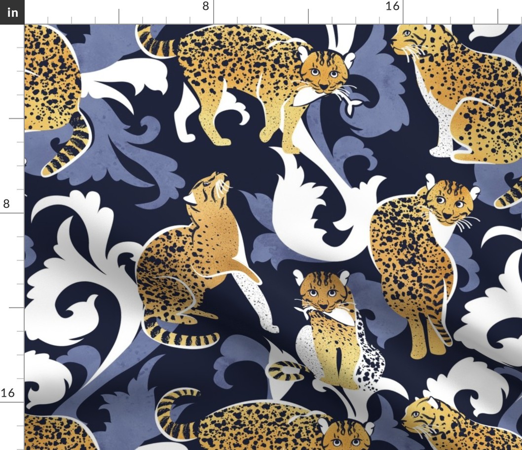 Normal scale // Love the wild fishing cat // navy blue background with rococo inspiration blue vegetation golden spotted animals