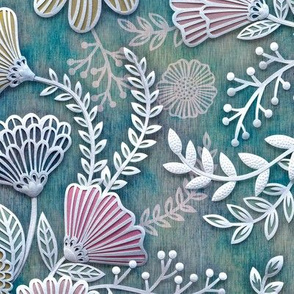 Paper Cut Flowers Faux Texture- Romantic Floral Rococo Large Scale- Home Decor- Multicolored- Teal_ Pink_Yellow and White- Jumbo Scale Botanical Wallpaper