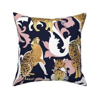 Normal scale // Love the wild fishing cat // navy blue background with rococo inspiration blush pink vegetation golden spotted animals