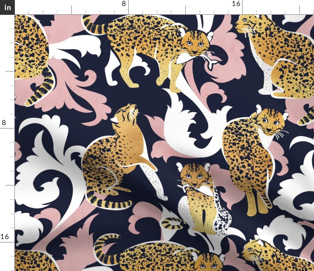 Normal scale // Love the wild fishing cat // navy blue background with rococo inspiration blush pink vegetation golden spotted animals