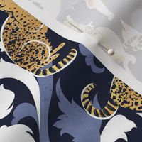 Small scale // Love the wild fishing cat // navy blue background with rococo inspiration blue vegetation golden spotted animals