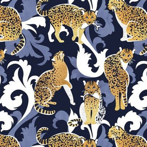 Small scale // Love the wild fishing cat // navy blue background with rococo inspiration blue vegetation golden spotted animals