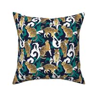 Small scale // Love the wild fishing cat // navy blue background with rococo inspiration pine green vegetation golden spotted animals