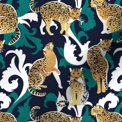 Small scale // Love the wild fishing cat // navy blue background with rococo inspiration pine green vegetation golden spotted animals