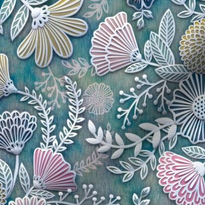 Paper Cut Flowers Faux Texture- Romantic Floral Rococo Medium- Home Decor- Multicolored- Teal_ Pink_Yellow and White